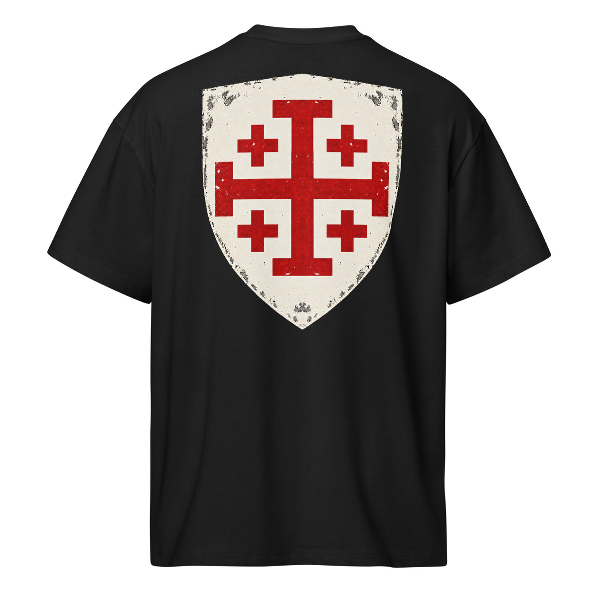 ZEBBEDE Crusade Shield men's black box tee with large distressed red and cream shield back print