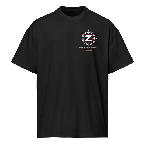 Attention Breach Black Boxy T-Shirt front view showing the chest graphic