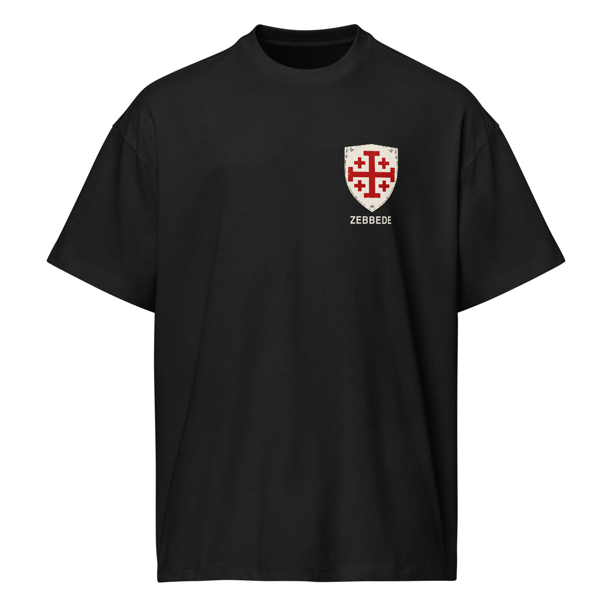 ZEBBEDE Crusade Shield men's black box tee with small shield and ZEBBEDE left chest print