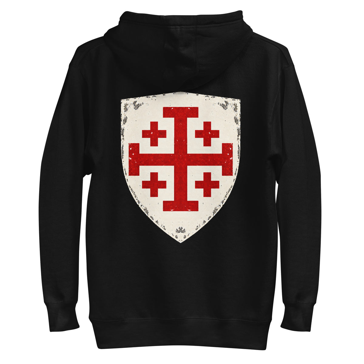 ZEBBEDE Crusade Shield premium black hoodie with large distressed red and cream shield back print