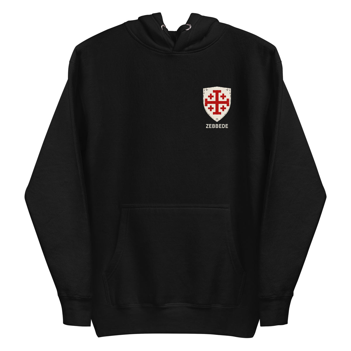 ZEBBEDE Crusade Shield premium black hoodie with small shield and ZEBBEDE left chest print